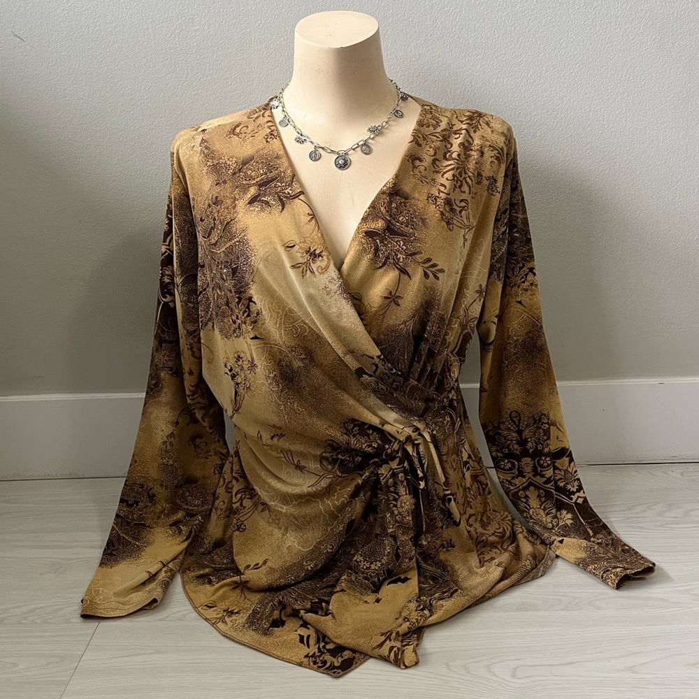 Brown & tan floral print wrap blouse with long sleeves and tie waist slouchy